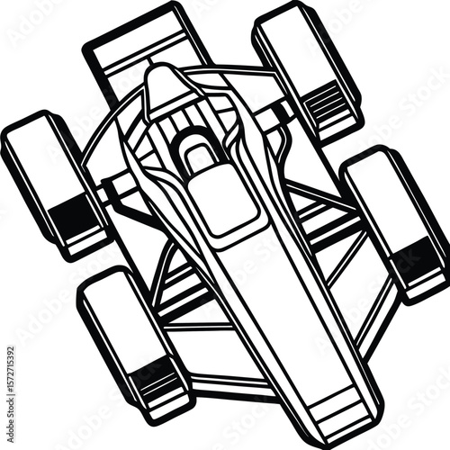 Top view of a stylized racing car in a bold black and white silhouette