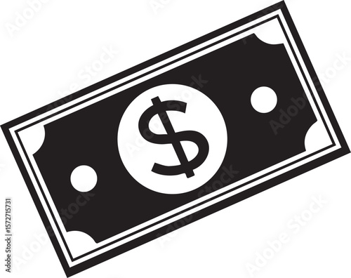 Stylized black and white dollar bill icon with dollar sign isolated on transparent background