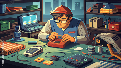 A man is working on a broken electronic device on a table. The scene is dimly lit, and the man is wearing glasses. Scene is focused and determined, as the man is trying to fix the device