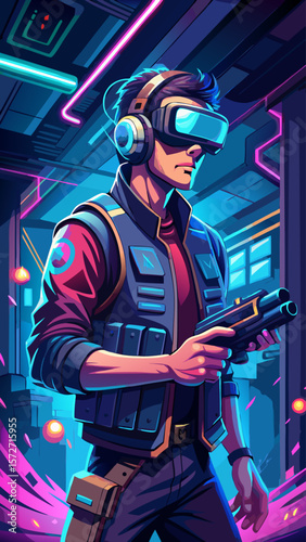 A man in a virtual reality game is holding a gun and shooting at a target. The scene is set in a dark, futuristic environment with neon lights and a sense of danger