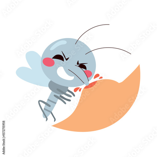 Humorous vector illustration of a mosquito biting skin close up. Insect pest and summer nuisance concept with exaggerated cartoon expression