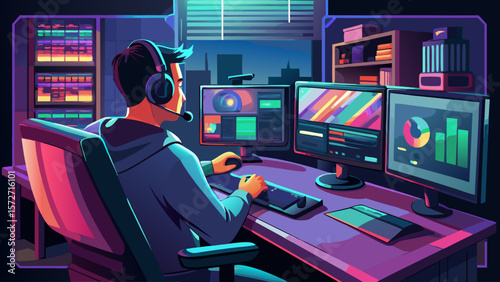 A man is sitting at a desk with a keyboard and a mouse in front of him. He is wearing headphones and is focused on his computer. The room is dimly lit