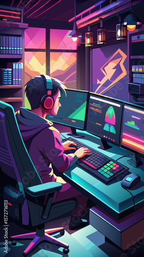 A man is sitting at a desk with a keyboard and a mouse in front of him. He is wearing headphones and is focused on his computer. The room is dimly lit