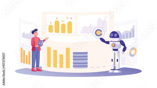 Man presenting data with a robot in front of charts and graphs on a curved screen display area