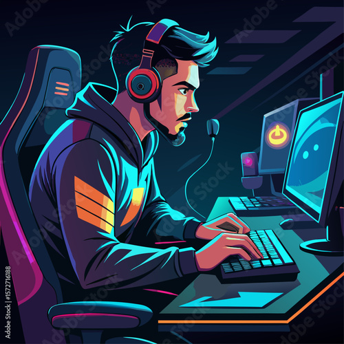 A man is sitting in front of a computer with a keyboard and a mouse. He is wearing headphones and he is focused on his work. Concept of concentration and productivity