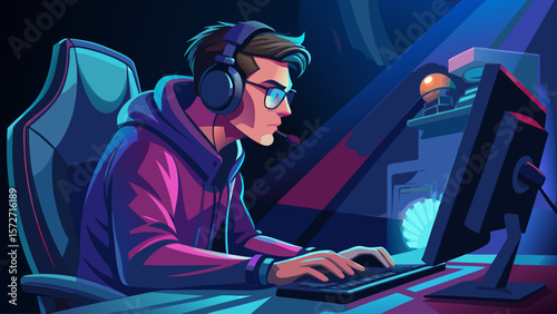 A man is sitting at a desk with a keyboard and a mouse in front of him. He is wearing headphones and is focused on his computer. The room is dimly lit