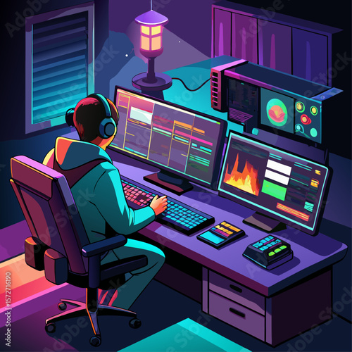 A man is sitting at a desk with a keyboard and a mouse in front of him. He is wearing headphones and is focused on his computer. The room is dimly lit