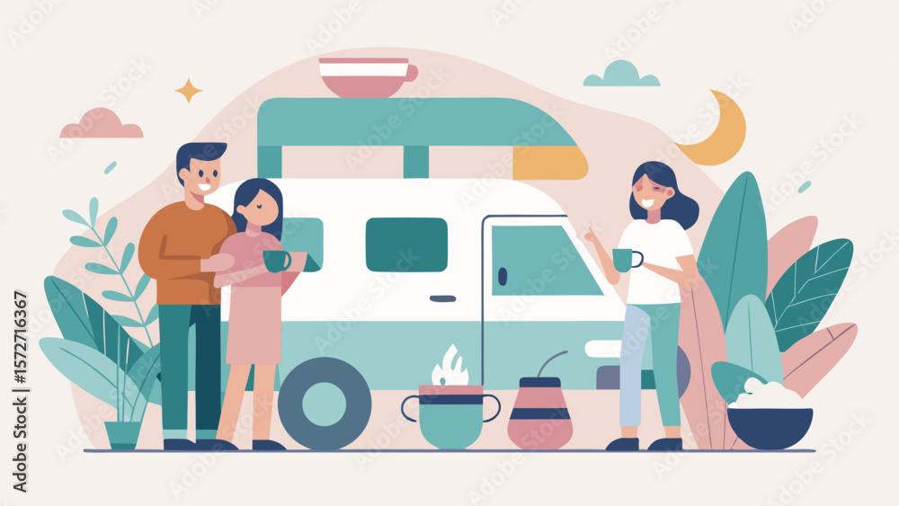 Fototapeta premium Group of friends enjoying hot drinks next to a camper van during an evening camping trip