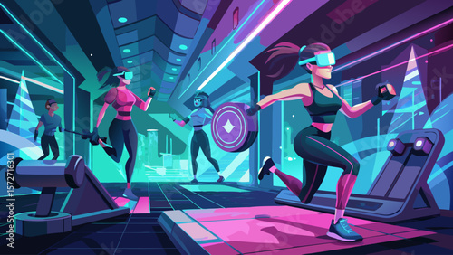 A woman is playing a video game with a group of people. The game is a virtual reality game