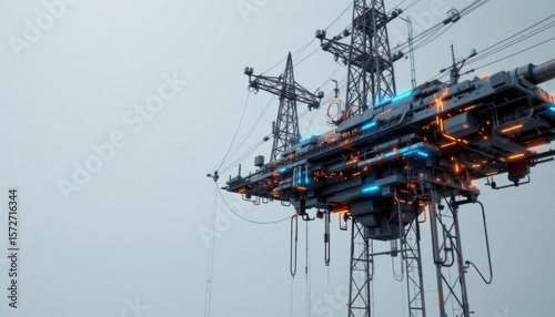High-tech power station with intricate designs and glowing accents against a clear sky. The structures, which seem futuristic, appear strong and intricate, creating an impressive visual display