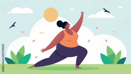 African plus size woman exercising outdoors on a sunny day surrounded by plants and birds