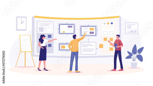 Team collaboration planning on a whiteboard with sticky notes and diagrams in a modern office space