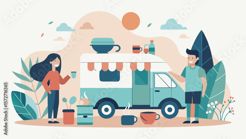 Couple enjoying coffee beside a camper van during a sunny outdoor camping trip