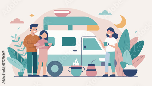Group of friends enjoying hot drinks next to a camper van during an evening camping trip