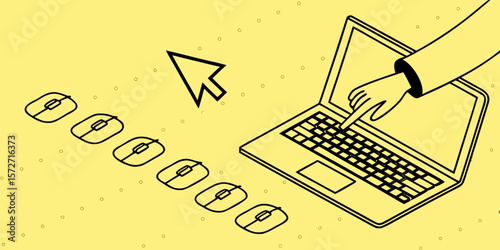 A minimalist line art illustration on a light yellow background with subtle grid dots. The illustration features an outline of a laptop, seen from a slight angle, with a human hand drawn in outline re