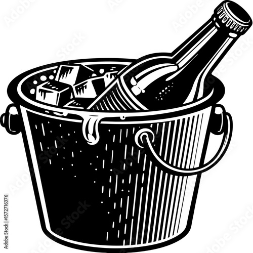 bottle in an ice bucket (linocut style)