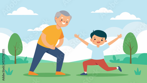 Grandfather and grandson stretching together in a park on a bright sunny day