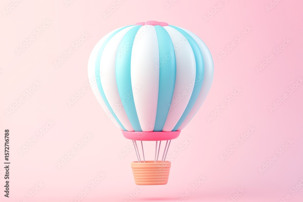 Obraz premium A colorful hot air balloon rises against a soft pink background, ideal for designs related to adventure, travel, or childhood imagination, It can enhance invitations, posters, or websites,