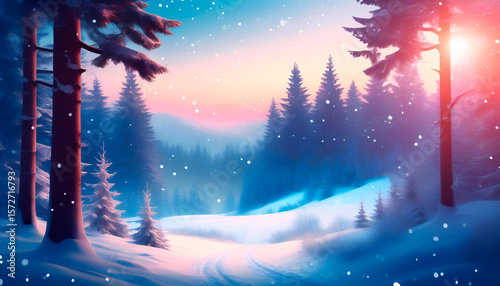 Magical winter forest at sunset with falling snowflakes, glowing orange light, snowy pine trees, serene landscape, Christmas atmosphere, peaceful nature, dreamy cold season background. Generative Ai