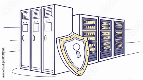 Server Rack with Shield—Data Protection and Cybersecurity Infrastructure Concept

