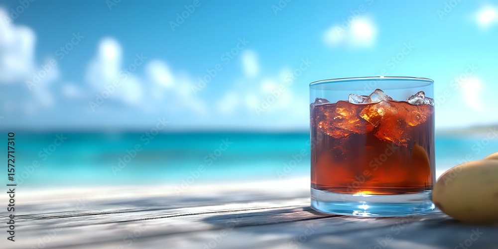 Refreshing cocktail with ice cubes in glass on wooden surface against blurred tropical beach background with turquoise ocean water and blue sky. Refreshing cocktail with ice cubes in glass on wooden surface against blurred tropical beach background with turquoise ocean water and blue sky.