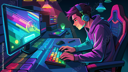 A man is playing a video game on a computer. He is wearing headphones and has a serious expression on his face. The room is dimly lit, and there are neon lights in the background