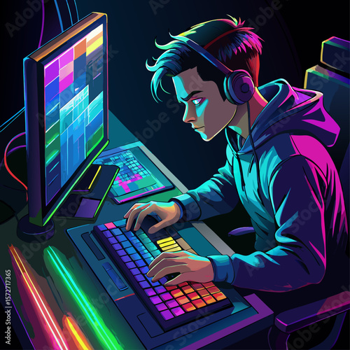 A man is playing a video game on a computer. He is wearing headphones and has a serious expression on his face. The room is dimly lit, and there are neon lights in the background