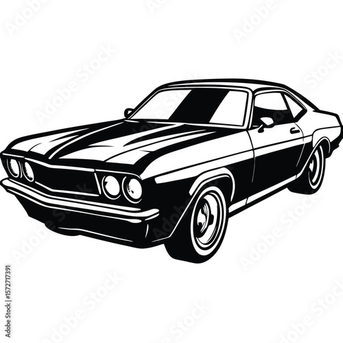 Classic American muscle car coupe silhouette with racing stripes