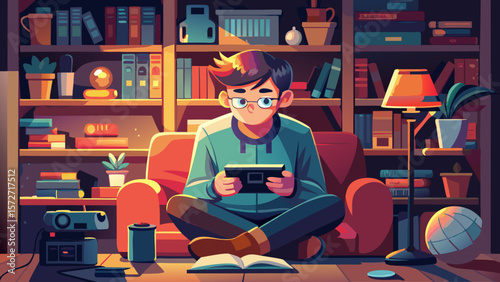 A man is sitting on a couch in a room with a lot of books. He is playing a video game on a tablet