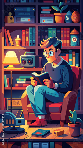 A man is sitting on a couch in a room with a lot of books. He is playing a video game on a tablet