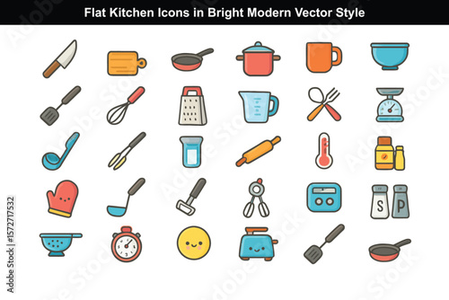 Flat Kitchen Icons in Bright Modern Vector Style
