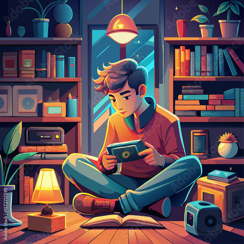 A man is sitting on a couch in a room with a lot of books. He is playing a video game on a tablet