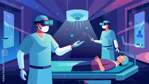 A man in a blue surgical outfit is holding a remote control in front of a woman on a hospital bed. The scene is set in a hospital room with a doctor and a nurse standing nearby