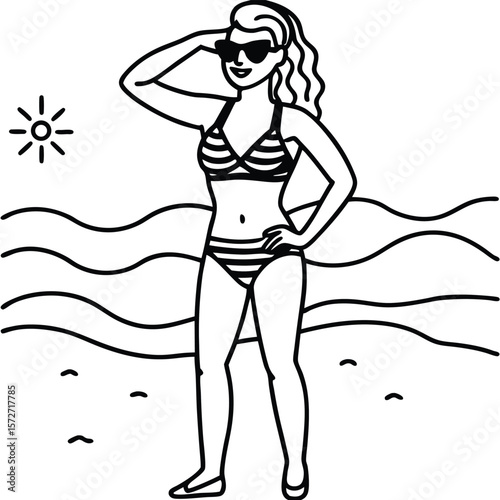 Woman in a striped bikini and sunglasses at the beach silhouette