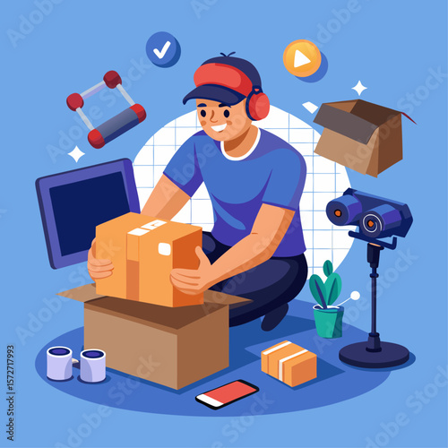 A man is opening a box in a room with a lot of stuff. He is wearing a blue shirt with the letter C on it