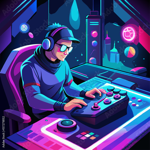 A man is playing a video game with a keyboard and a mouse. He is wearing headphones and a hoodie