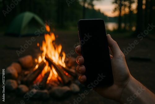 Hand holding smartphone by campfire at forest campsite with tent at dusk – concept of remote work, connection and adventure.