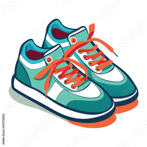 A pair of sneakers tied, on a plain white surface, for sport, fitness, casual, or active lifestyle.