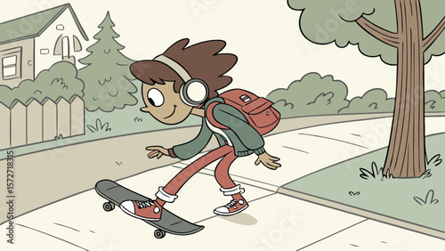 Fun cartoon vector illustration of a man on roller skates with a zombie dog