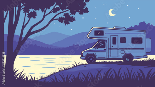 Travel home: a white caravan in the morning in the mountains