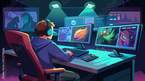 A man is sitting at a desk with a computer monitor in front of him. He is wearing headphones and he is playing a video game. The room is dimly lit, and there are several monitors on the desk