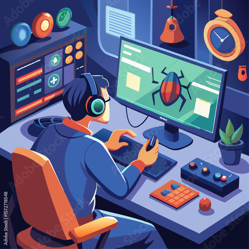 A man is sitting at a desk with a computer monitor in front of him. He is wearing headphones and he is playing a video game. The room is dimly lit, and there are several monitors on the desk