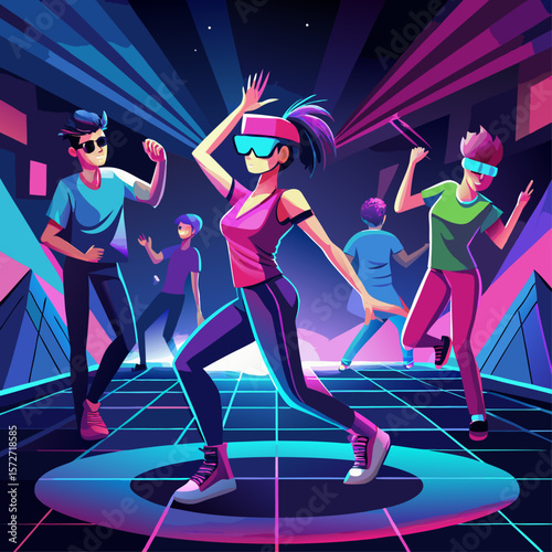 A group of people are dancing in a neon room. The woman is wearing a pink shirt and is the center of attention