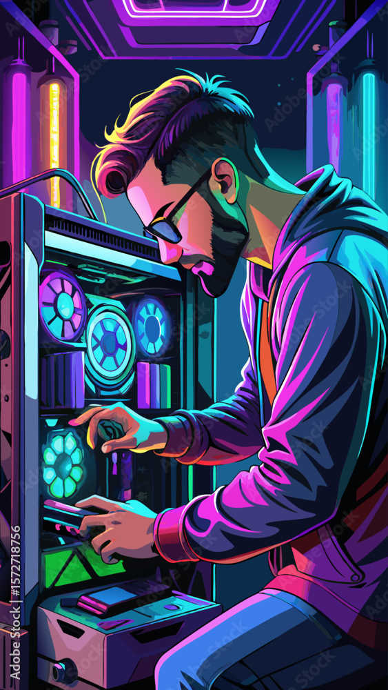 Obraz premium A group of people are dancing in a neon room. The woman is wearing a pink shirt and is the center of attention