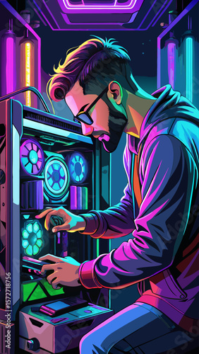 A group of people are dancing in a neon room. The woman is wearing a pink shirt and is the center of attention