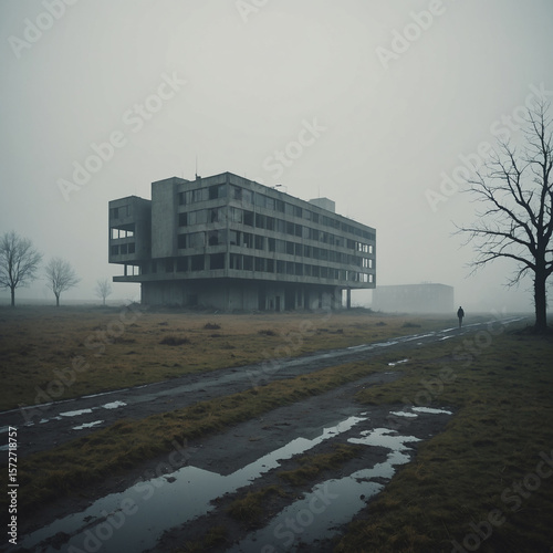 Post apocalyptic landscape with an unusual abandoned building