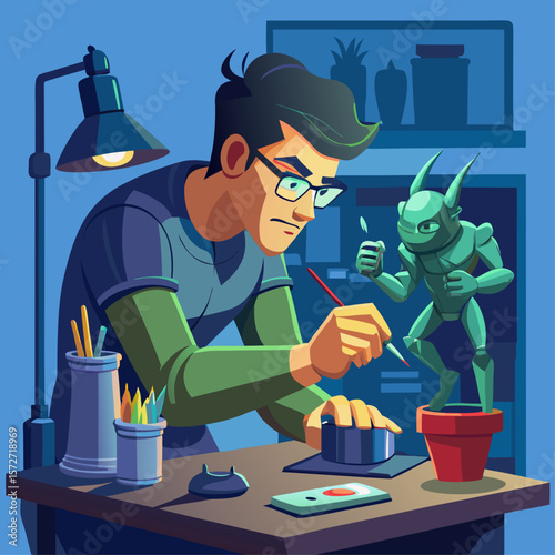 A man is painting a statue of a monster. The statue is green and has a menacing look. The man is wearing glasses and he is focused on his work. The scene is set in a room with a desk