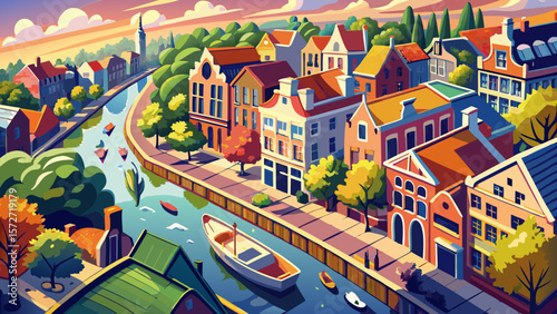 Bright day with canal houses along Oude Gracht wharf quay in Utrecht, The Netherlands. Aerial Dutch medieval urban city planning development. Holland tourist destination