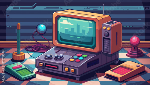 A cartoonish drawing of a television with a game on it. The game is a space shooter and the television is on a table