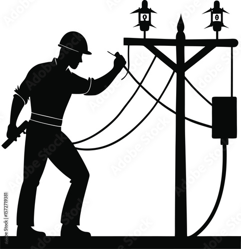 electrician man connecting power wires vector black silhouette